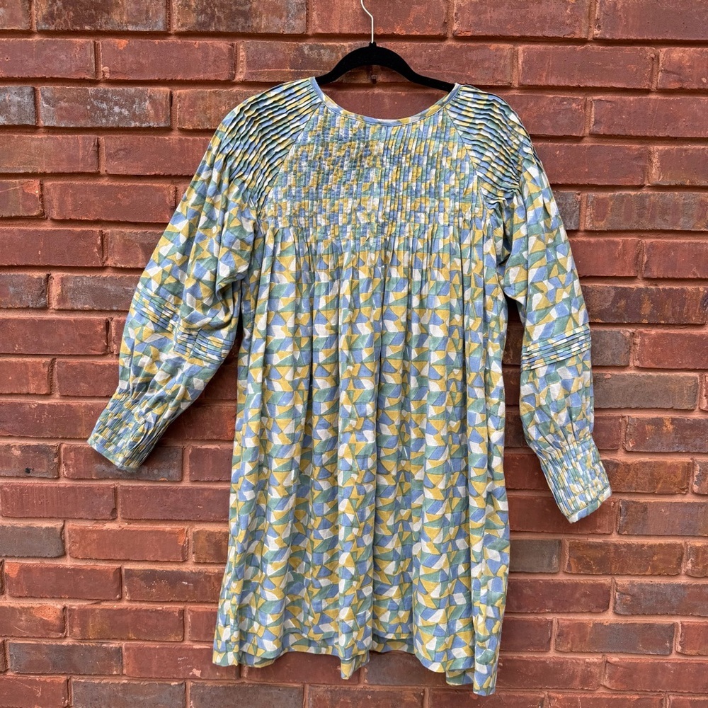 Mirth Kerala Short Dress In Parakeet Boho Pintucked Exaggerated Cotton - Picture 6 of 8